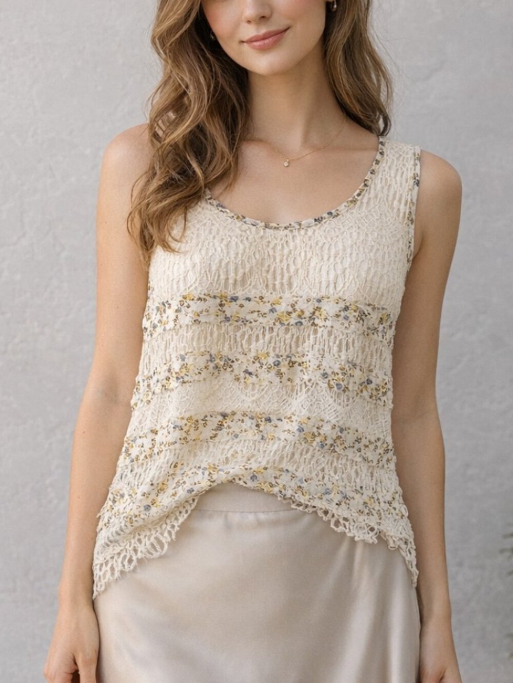 Mystree Crochet Lace Floral Tank Boho Cottagecore Cream Top M